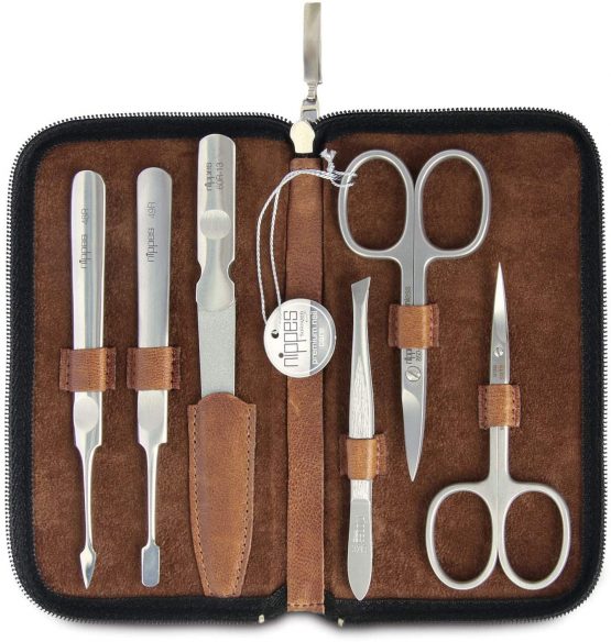 Nippes Solingen Nippes Premium Line Manicure Set 6 Pieces Stainless Steel Rust and Nickel Genuine Cowhide Leather Case with Zip Fastener Brown