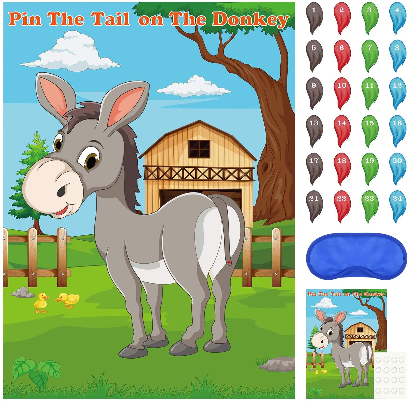FEPITO Pin the Tail on the Donkey Party Game with 24 Pcs Tails for Kids Birthday Party Decorations Carnival Circus Party Supplies