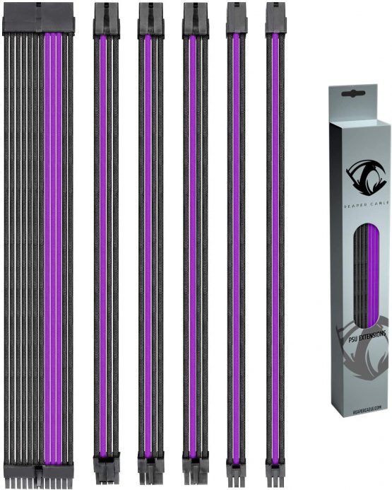 Reaper Cable Sleeved PSU Extension Set - Power Supply Extensions - 1x 24 Pin/ 2x 8 Pin/ 2x 6 Pin/ 1x 4+4 Pin - With Combs - 30cm (Carbon & Billet Grey)