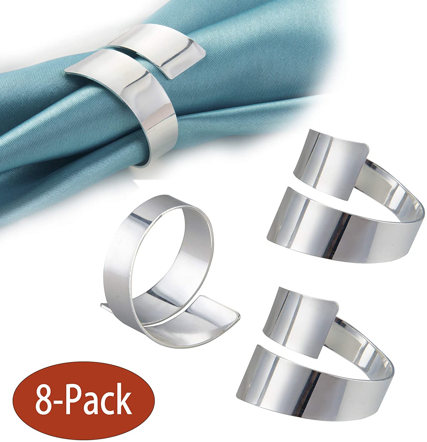 Feyarl 8 Pcs Napkin Rings Metal Napkin Holders for Wedding Dinner Party Banquet Festival Table Decor (Silver)