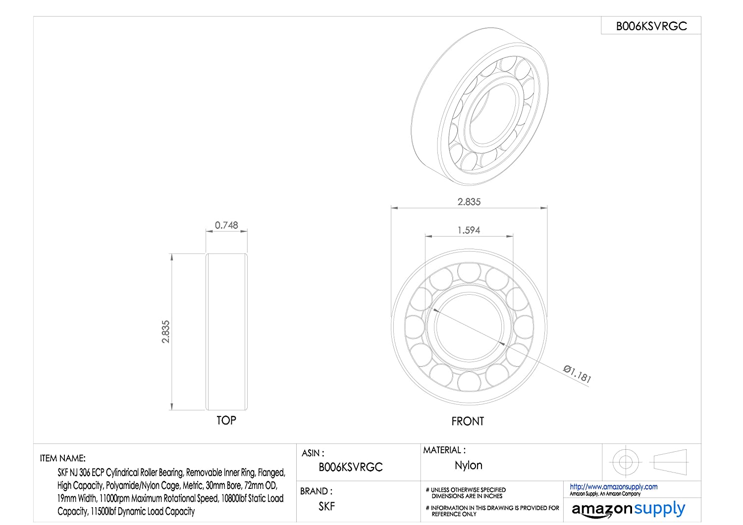 SKF Cylindrical Radial Roller Bearing, 30 ID, Bearing steel - Image 2
