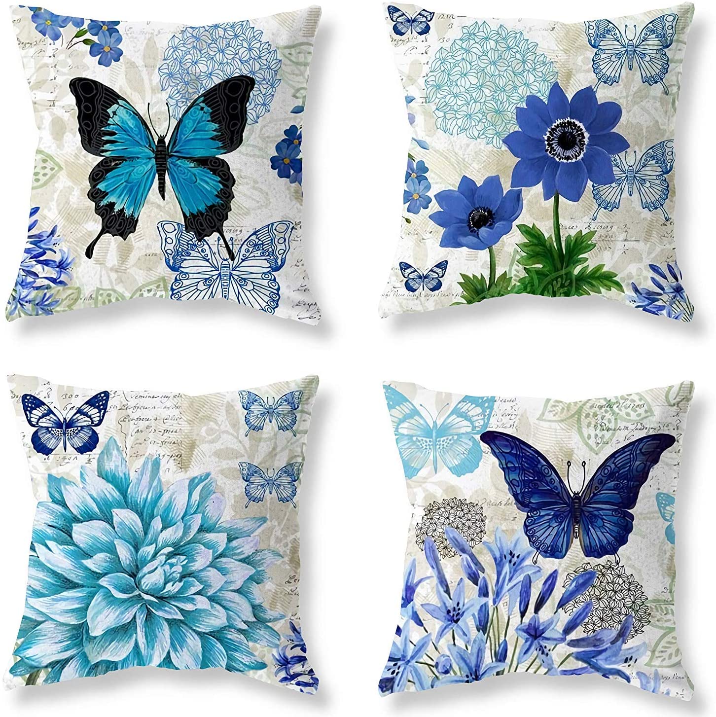 BCKAKQA Throw Pillow Covers 18 x 18 inch Blue Floral Butterfly Cushion Covers 45cm x 45cm Soft Polyester Square Throw Pillow Case for Living Room Sofa Couch Bed Pillowcases Set of 4