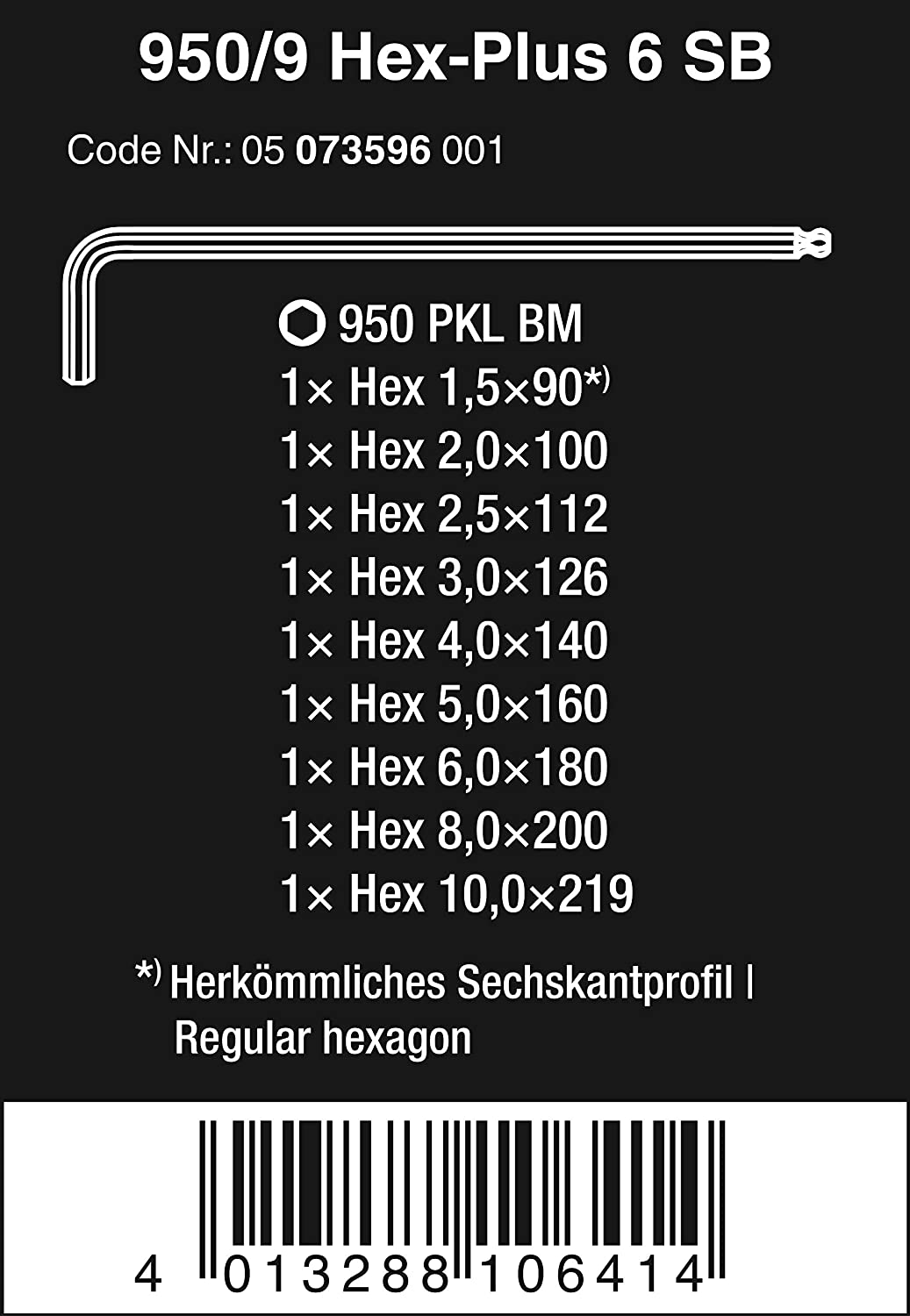 Wera 950/9 BM BlackLaser L-key Set, metric, 1.5-10mm, 9pc, 05073596001 - Image 2