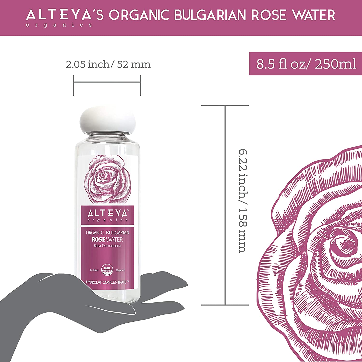 Alteya Organic Rose Water 250ml, Pure Organic Rosa Damascena Hydrolat, No additives, No Artificial Ingredients - Image 4