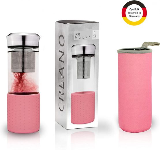 Creano"Teamaker" - Tea Bottle to go from Glass with Strainer for Loose Tea - 400ml (Pink)