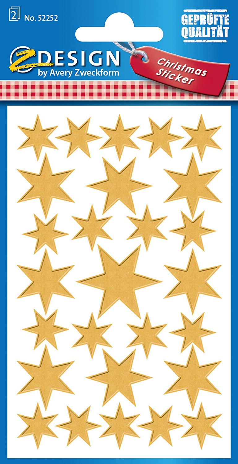 Avery Zweckform 52252 54 Christmas Stars Wall Stickers (Embossed Foil Sticker, Golden Yellow