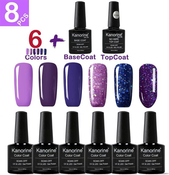 KANORINE 8pcs Nail Gel polish purple series Set (6 colors 