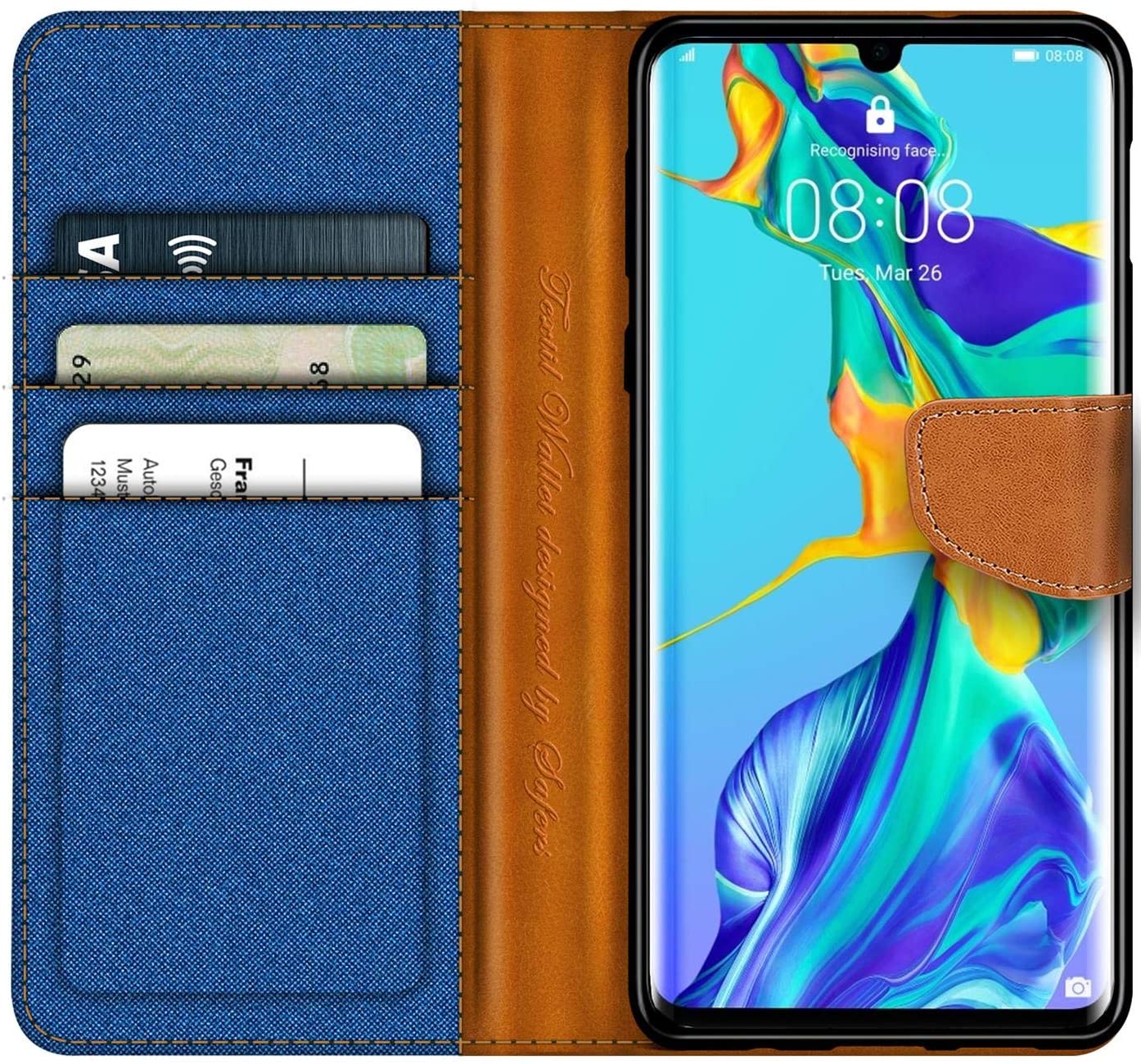 Verco Phone Wallet Case compatible with the Huawei P30, Canvas Faux Leather Book Cover for the P30 Flip Case Bag Hinged - Blue - Image 2