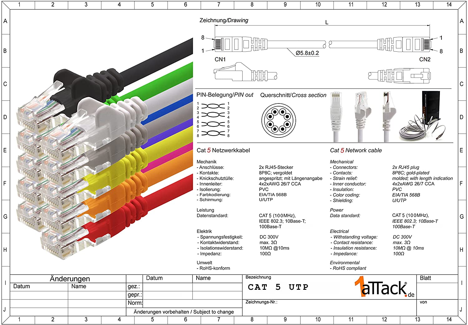1aTTack CAT5 UTP network patch cable with 2x RJ45 connector set white 5 pieces - 7.5m, white 5 - pieces, 7,5m - Image 2