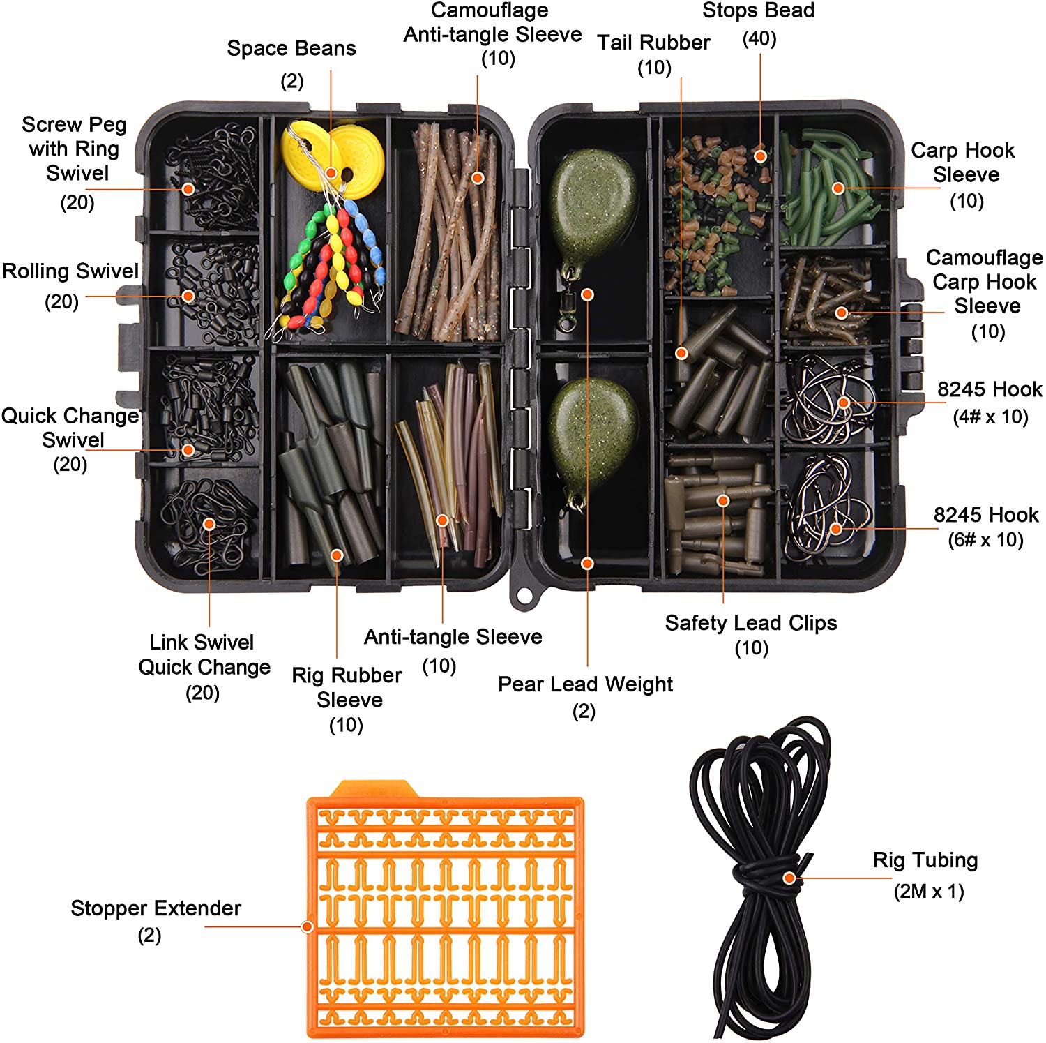 217pcs/box Carp Fishing Tackle Box Anti Tangle Sleeve Line Aligner Bait Screw Stopers Carp Hook Carp Pear-Shape Metal Weights for Carp Fishing Bait Making Carp Terminal Tackle - Image 3