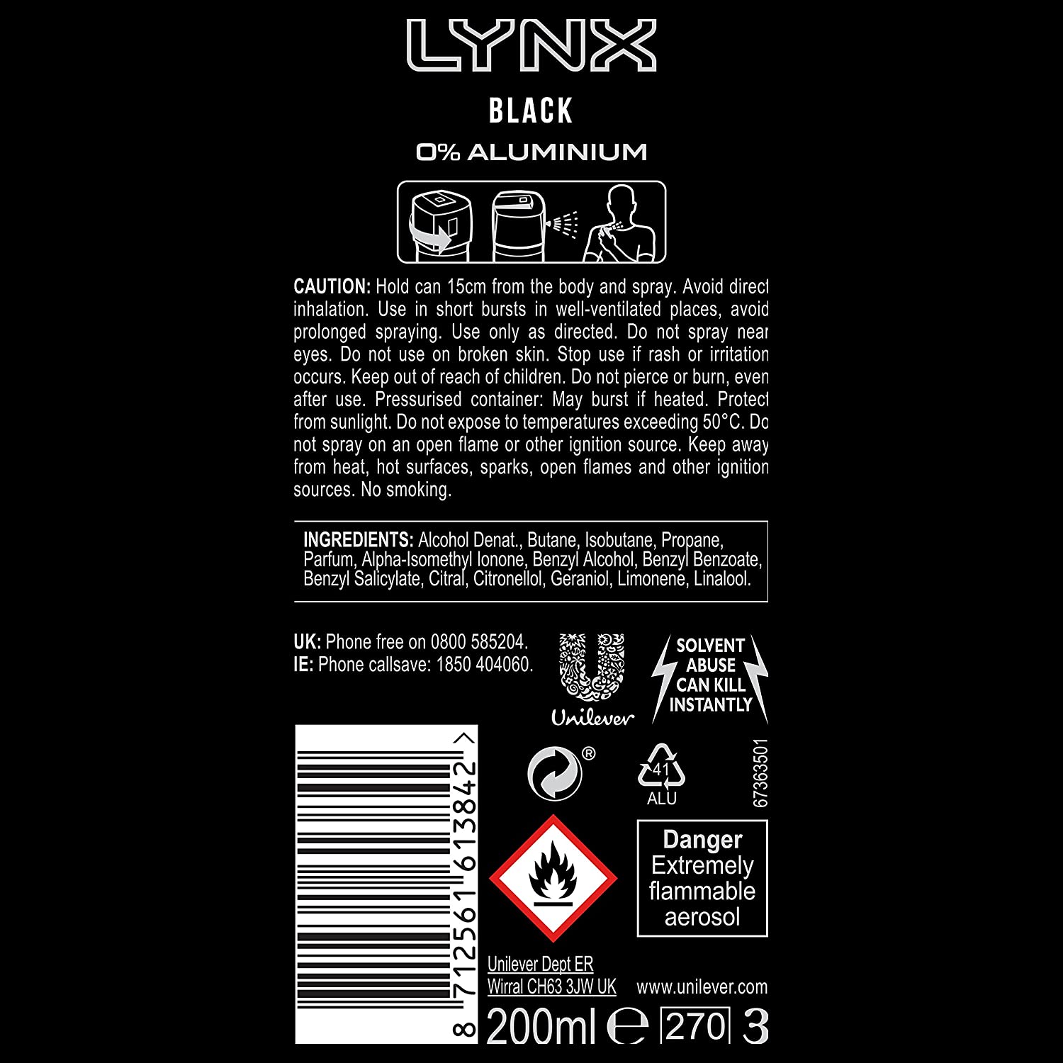 Lynx Black 48 hours of Odour-Busting Zinc Tech Aerosol Bodyspray Deodorant to Finish your Style 200 ml, Pack of 6 - Image 2