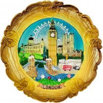 Wood Style Decorative Plate Detailing London Skyline: Big Ben, Tower Bridge and London Eye etc (Small Ornate)