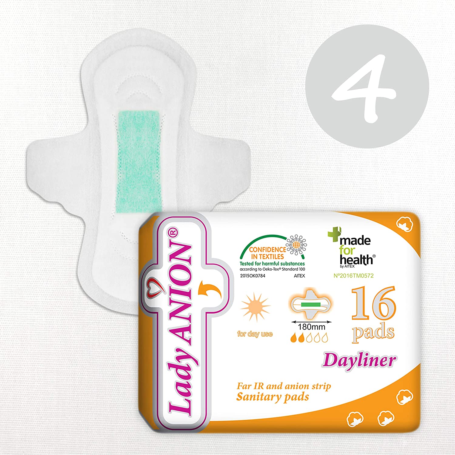 Lady Anion Panty Liners with Wings, Certified Organic Cotton 4 x 16