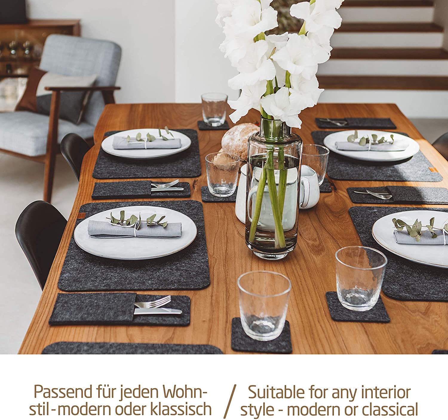 MIQIOᆴ Scandi Style Felt Place Mats with real Leather Label - Washable, Dark Grey / Rectangular, Set of 4 with accessories - Image 4
