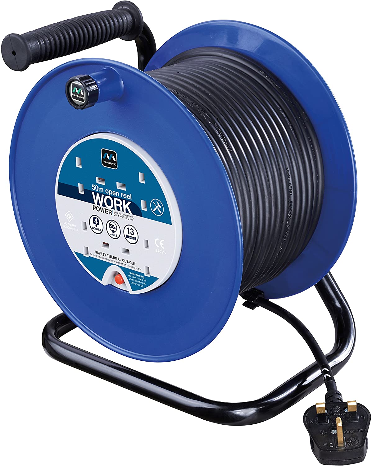 Masterplug Four Socket, 50 Metre Open Cable Reel, Large Extension Lead Reel, Wind-Up Power Retractable Cord Reel, Heavy Duty