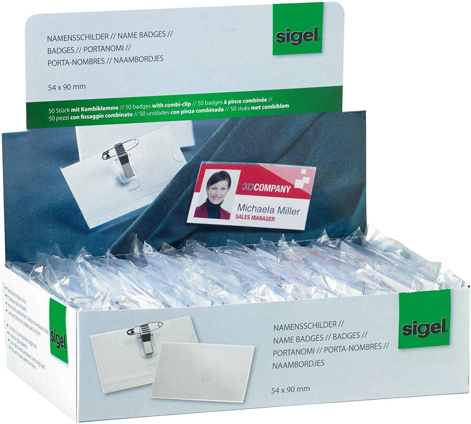 SIGEL ZB200 Name Badges, for 5.4 x 9 cm, with combi-clip, transparent, 50 Pieces, Clear, 54 x 90 mm - Image 2