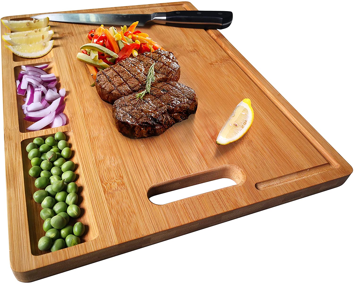 NIUXX Bamboo Cutting Board for Kitchen Chopping Board with 3 Built-in Compartments & Juice Grooves