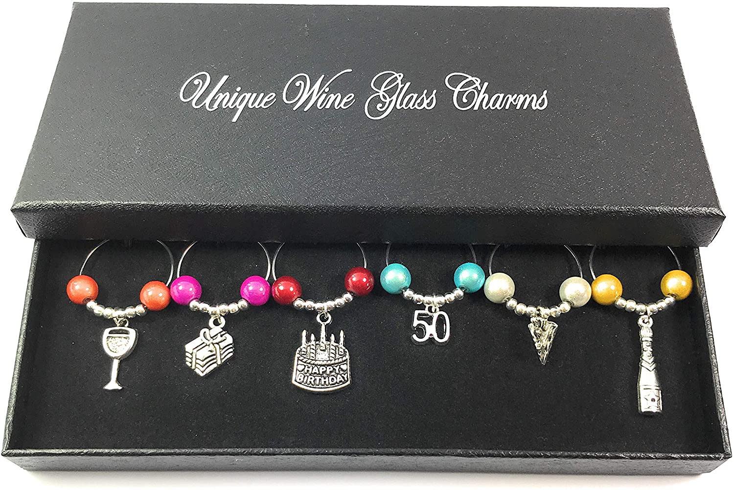 Libby's Market Place 50th Birthday Gift Wine Glass Charms with Gift Box and Birthday Gift Card, Silver, 8x18