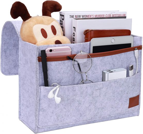 Bedside Caddy Pocket, Felt Hanging Storage Organizer, Home Sofa Desk Bed Storage Bag Large Capacity for Sorting Magazine, Phone, Earphone, Remote, Glasses, Pen, Grey