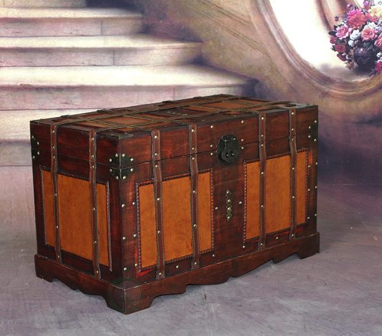 Vintiquewise Antique Style Steamer Trunk, Wood, Brown - Image 4