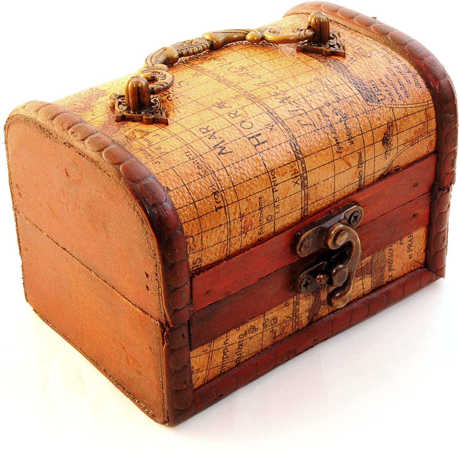 Decorative Treasure Chest (Antique) Maps Style Leather Coated Wooden Box for Storage and Small Parts - Ganzoo