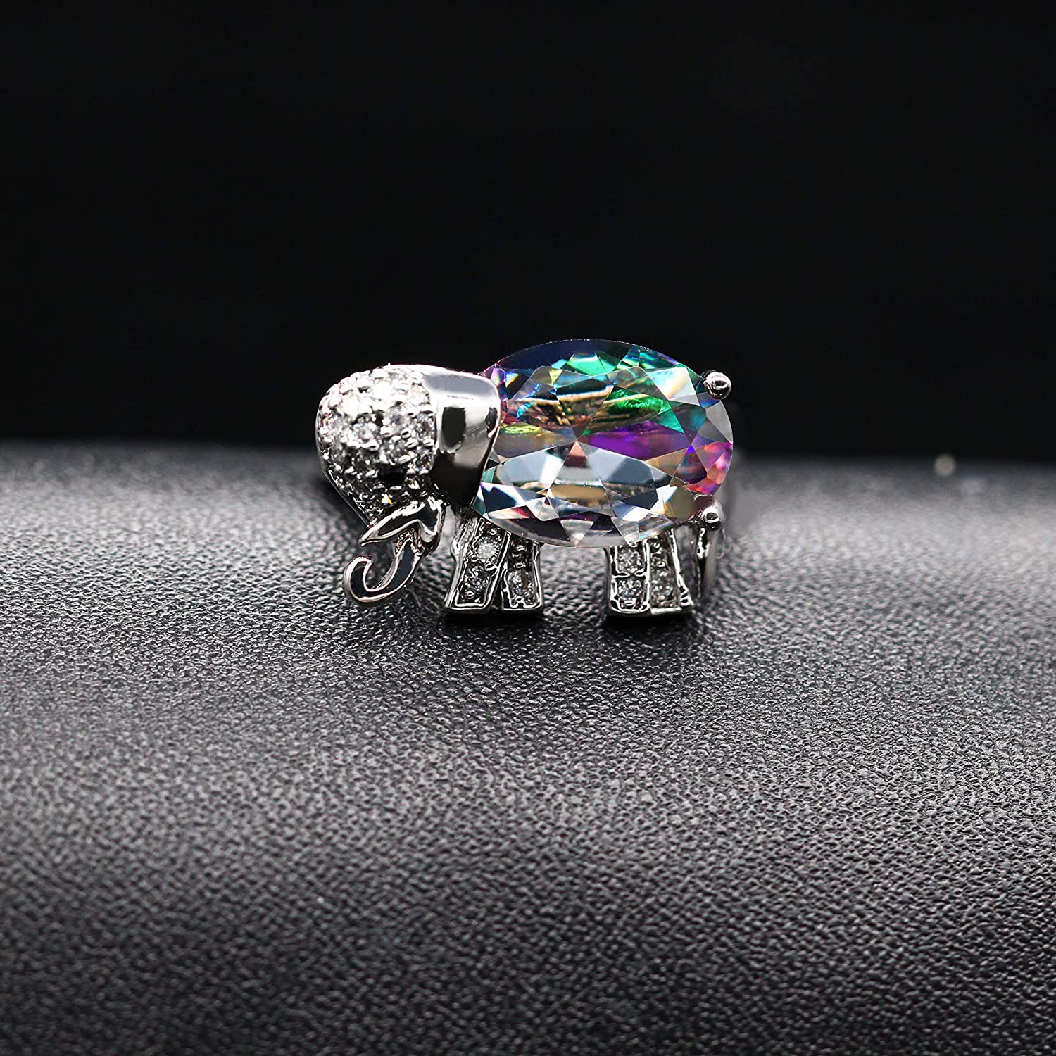 Uloveido Women's Elephant Shape Simulated Rainbow Topaz Silver Color Chain Necklace Studs Clip On Earrings Halo Cocktail Ring Wedding Jewelry Set for Girls T485 - Image 4