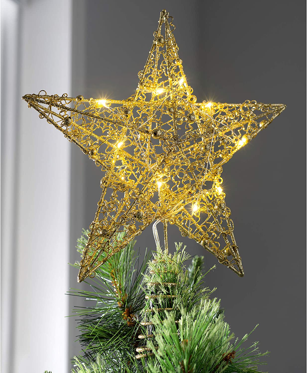 WeRChristmas Pre-lit Sprinky Christmas Tree Top Star LED Lights, Gold, 31cm - Image 2