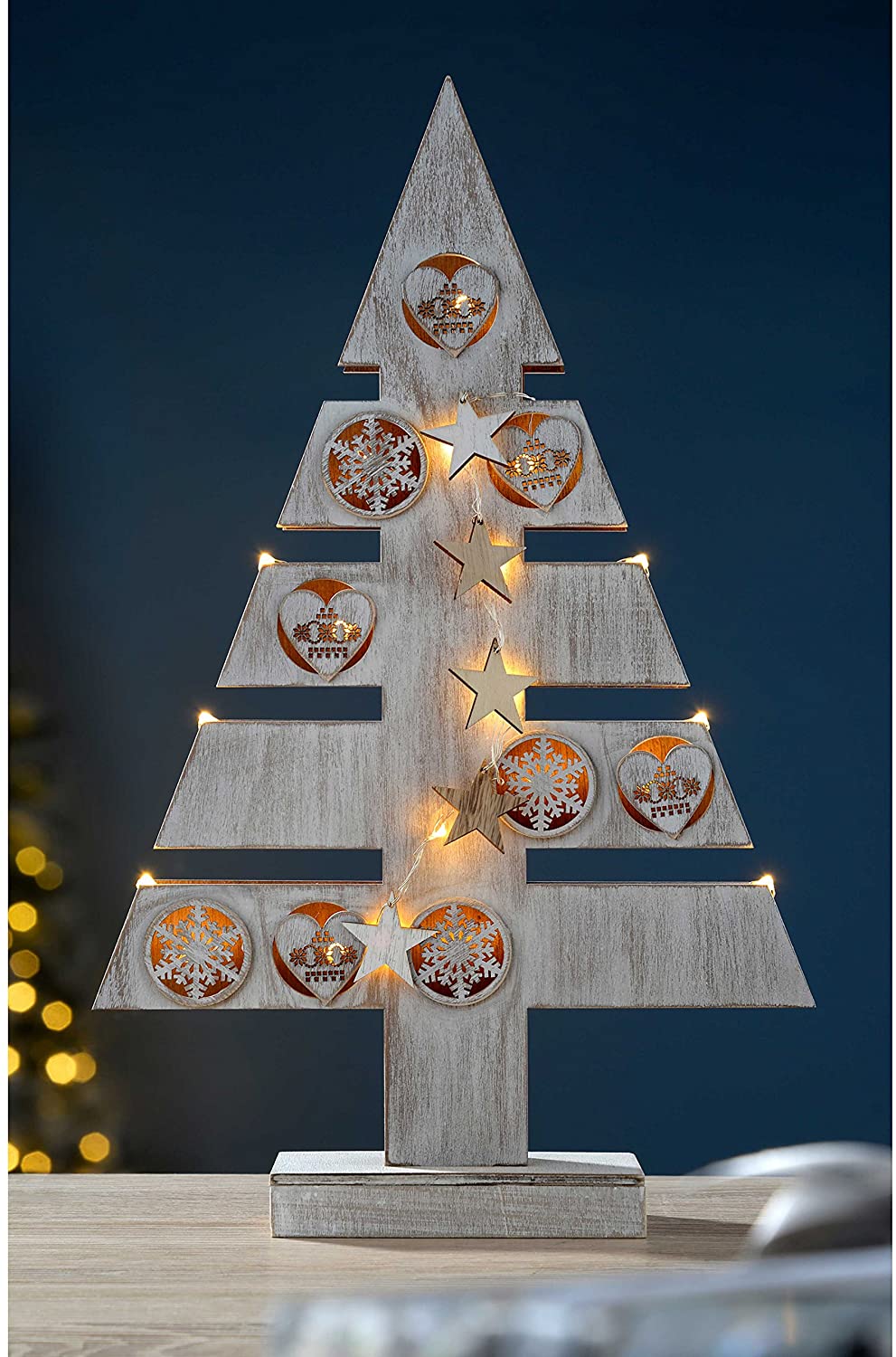 WeRChristmas Pre-Lit Star and Heart Christmas Tree Table Decoration, Wood, 47 cm - White, 29.5 x 5.5 x 47 cm - Image 4