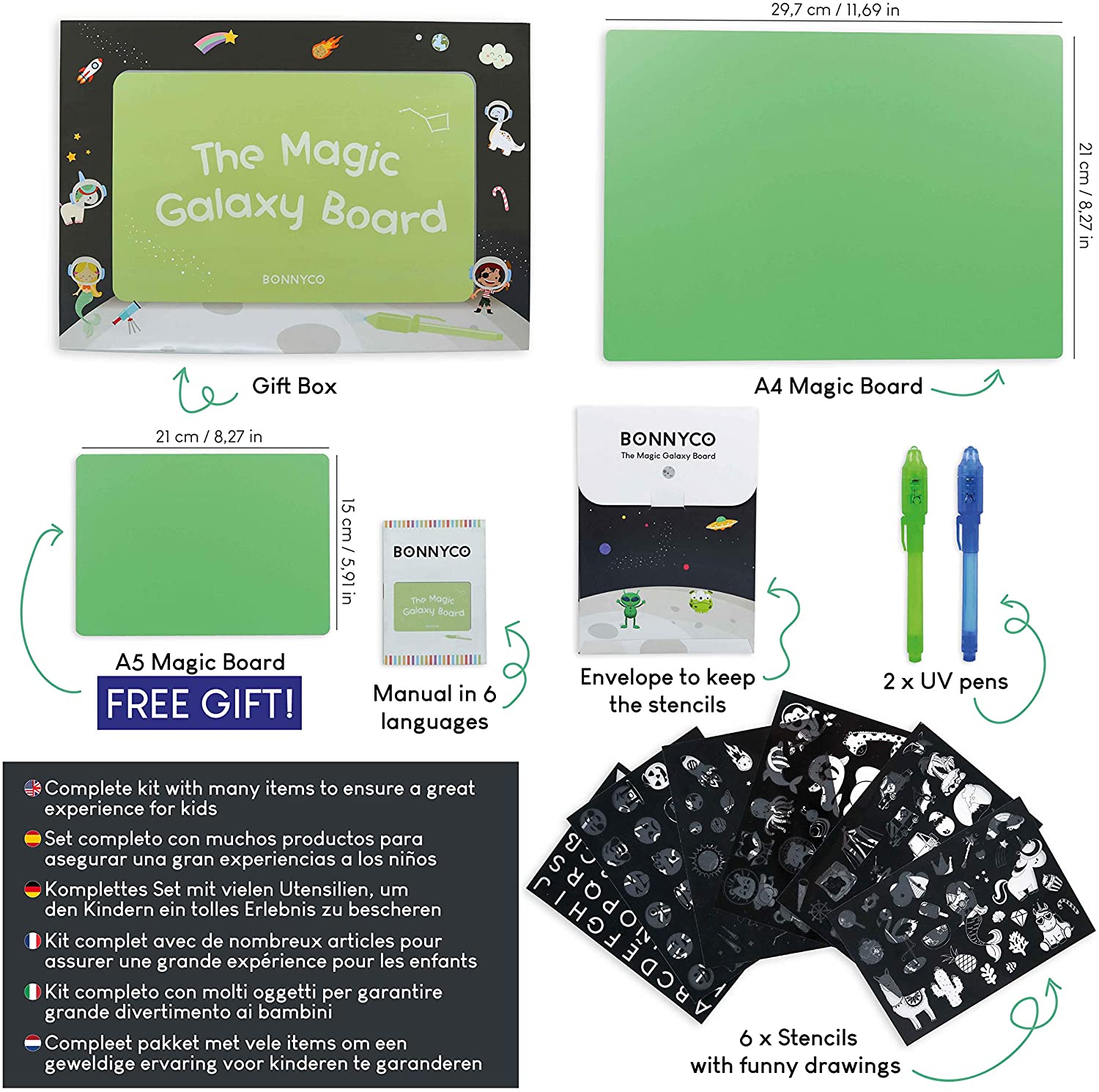 Light Drawing Board Kids A4 and A5, 6 Stencils, 2 Spy Pens - BONNYCO, black, A4 + A5 - GREEN - Image 2
