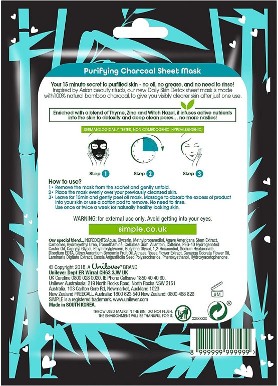 Simple Face Mask, Daily Skin Detox Charcoal Face Mask, Purifying , Korean Face Mask, Sheet Mask (Pack of 4) - Image 3