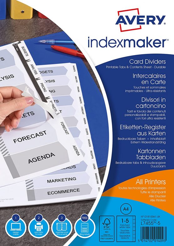 Avery 01810061 A4 IndexMaker Punched Card Dividers with Printable Tabs, 5 Part Dividers - White - Image 3