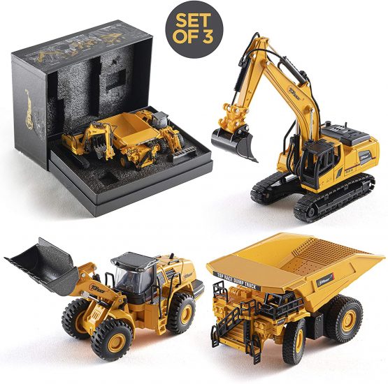 Top Race Diecast Construction Trucks Model Set Toy Excavator , Dump Truck and Front Loader Models - Toys in Beautiful Gift Box Packaging - Kids Adults ages 3 + (123D SET 3)