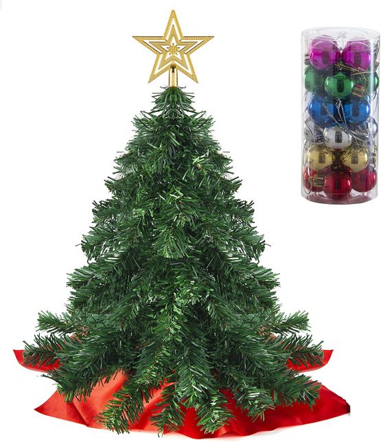 Prextex 22 Inch Tabletop Mini Christmas Tree Set with Star Treetop and Hanging Ornaments for DIY Christmas Decorations