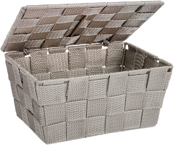 Wenko Storage Adria Taupe-Bathroom Basket with lid, Polypropylene, Brown, 19 x 14 x 10 cm