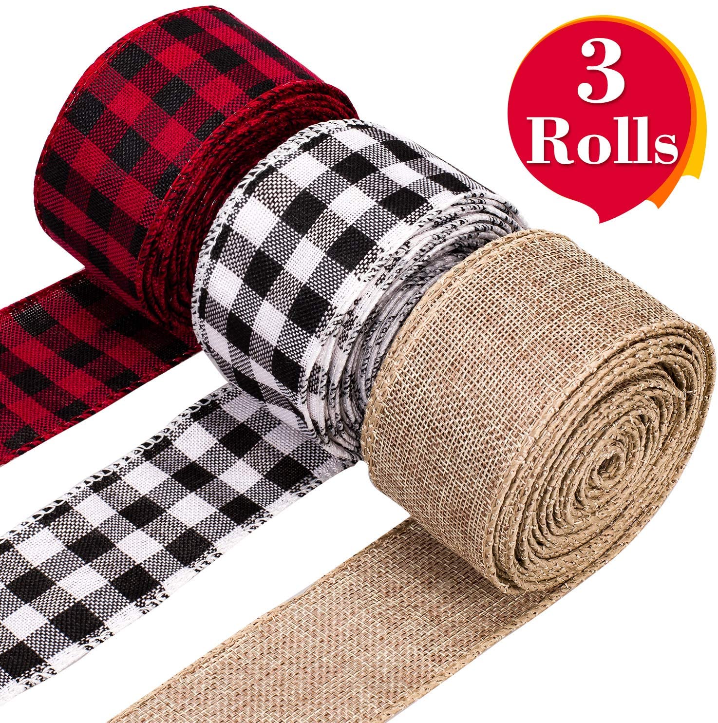 Whaline 3 Rolls Wired Edge Ribbons, 30 Yards x 2 Inches Black Red Plaid, Black White Plaid