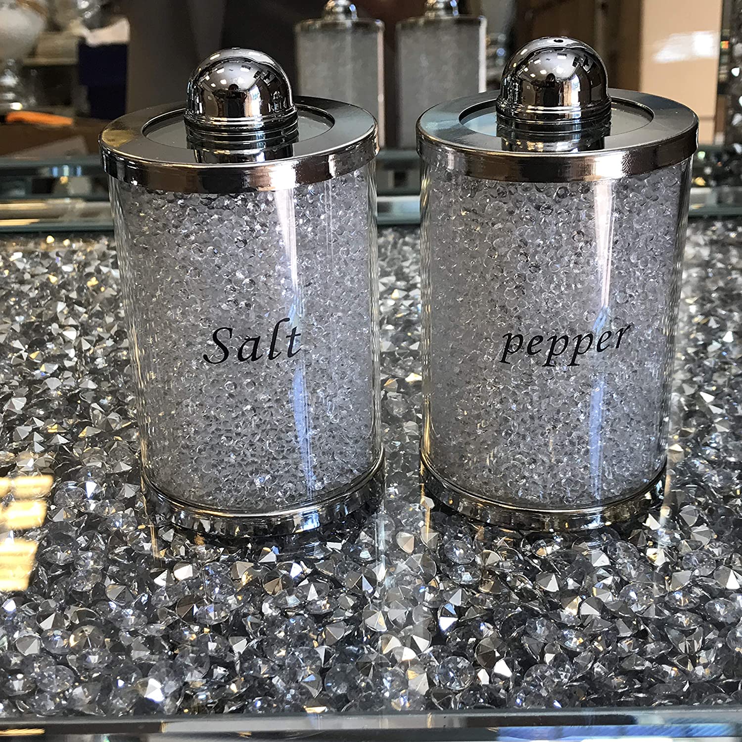 TOV® Diamond Crushed Salt Pepper CANISTERS Jars Storage White Trimmings Crystal Filled, Silver
