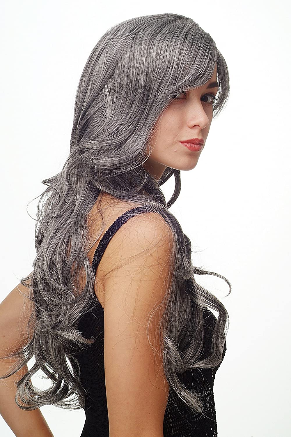 WIG ME UP 9204S-44 Stunning Lady Quality Wig very long wavy long fringe (for side parting) dark grey gray 27,5 inch - Image 2