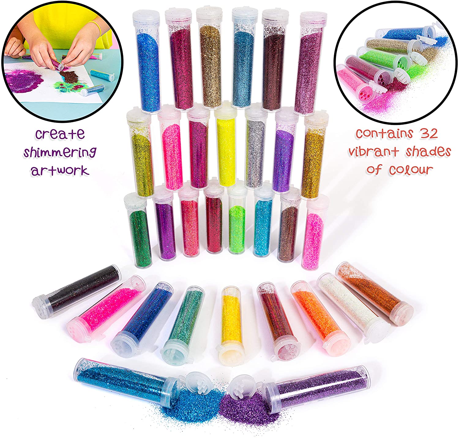 abeec Glitter Shaker Tubes - 32 Vibrant Colours, Clear,Orange,Blue,Yellow,Navy,White,Green,Grey,Violet,Red,Pink,Black,Purple - Image 2