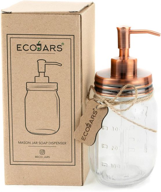 Eco Jars Mason Jar Soap Dispenser, Copper, Rose Gold, Glass, Vintage, Stainless Steel, 500ml, Housewarming Gift Box