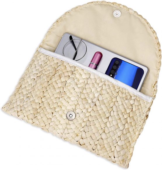 Straw Clutch Handbag, Women Straw Woven Purse Envelope Bag for Evening Party, Natural Corn Peel Boho Style Summer Beach Wallet for Ladies - Image 3