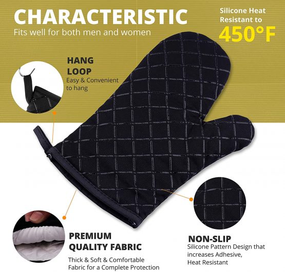Oven Gloves Heat Resistant double sided Non Slip Silicon oven mitts for Grilling/Cooking/Baking/Barbecue - 1 Pair, Black - Image 2