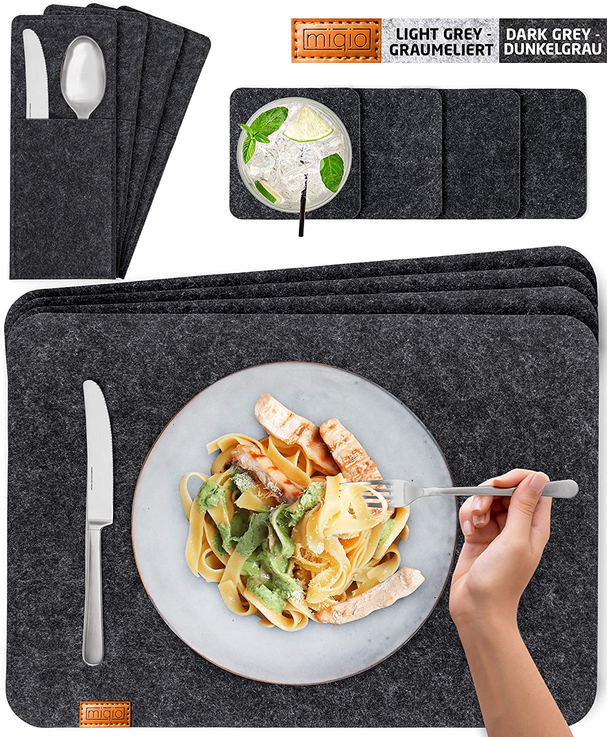 MIQIOᆴ Scandi Style Felt Place Mats with real Leather Label - Washable, Dark Grey / Rectangular, Set of 4 with accessories