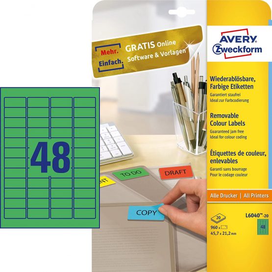 Avery L6040-20 Removable Mini Labels (45.7 x 21.2 mm Labels, 48 per A4 Sheet, 20 Sheets) for all printers - Green - Image 2