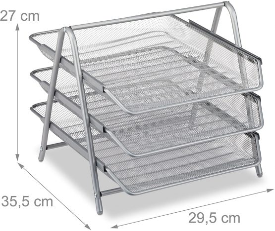 Relaxdays 3-Tier Letter Rack/A4 Paper Tray File Holder, Metal Silver, 35.5 x 29.5 x 27 cm - Image 3