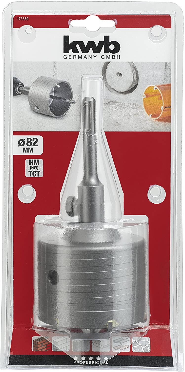 kwb Hollow Drilling Crown 80 mm Diameter Size, Carbide, SDS Plus Shaft, Impact Drill. incl. Center Drill, Multicolor - Image 2