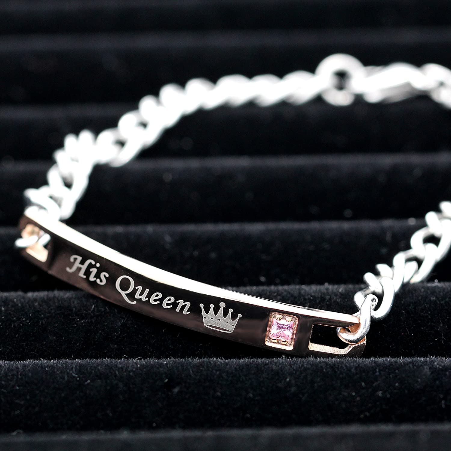 Uloveido A Pair of Titanium His Queen and Her King Couples Bracelet Stainless Steel Cuban Link Chain Bracelets Wedding Valentine's Gift for Men and Women SN116-Pair - Image 3