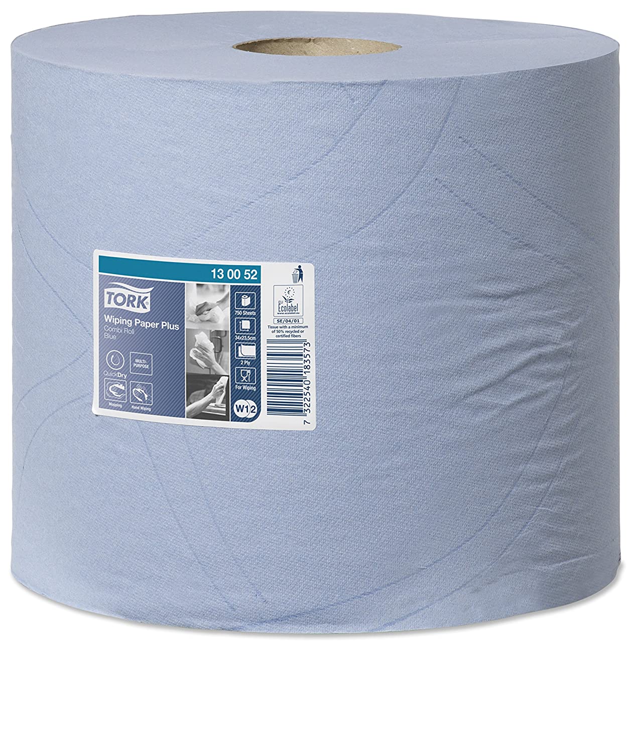 Tork 130052 Wiping Paper Plus Combi Roll / Wiping Paper Rolls Suitable for W1 and W2 Wipers System Dispensers / Extra Strong Paper Towel Roll / Blue / 2 x 255m / diameter 26.2cm - Image 2