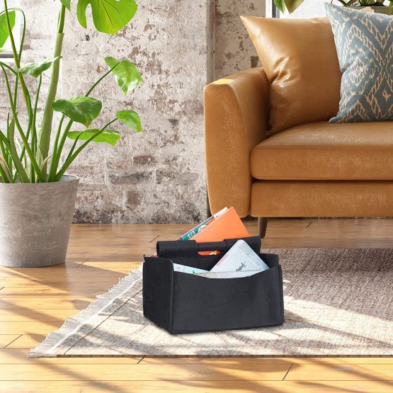 Relaxdays Felt Newspaper Basket, HxWxD: 22 x 32 x 99 cm, 2 Compartments, 1 Handle, Foldable Magazine Holder, Black - Image 2