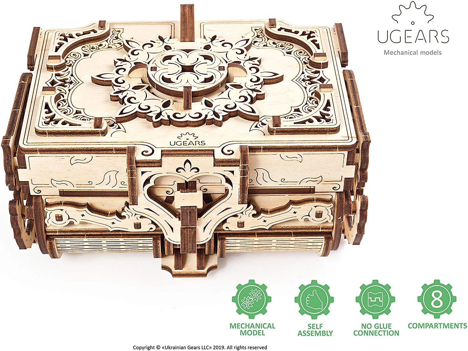 Ugears Antique 3D Puzzle Box, 3D Wooden Puzzles for Adults Mechanical Treasure Chest