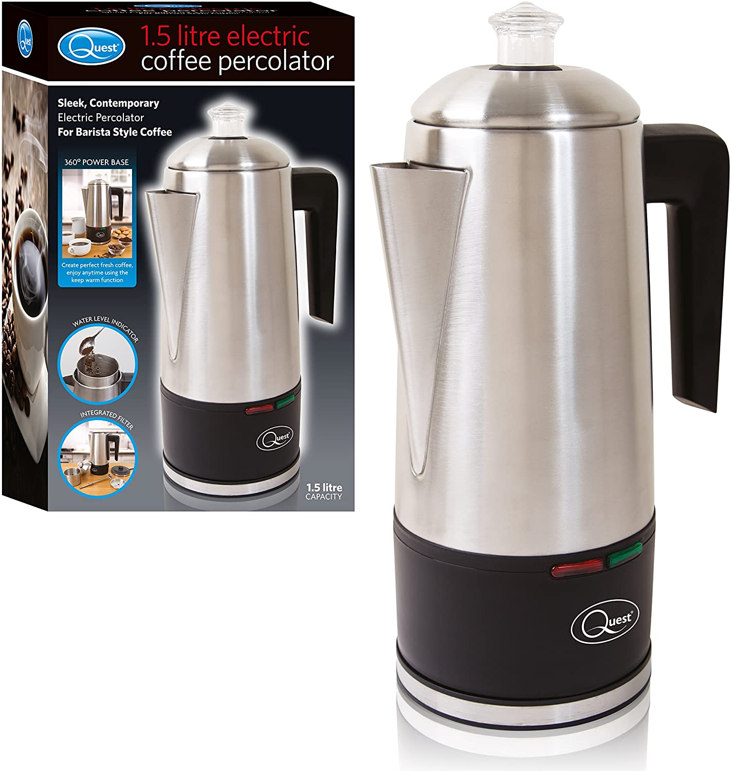 Quest 35200 Electric Coffee Percolator / 1.8L Stainless Steel Filter Coffee Machine / 30-45 Minute Keep Warm Functionality/Removable Filter/Makes Up To 12 Cups At Once / 1100W